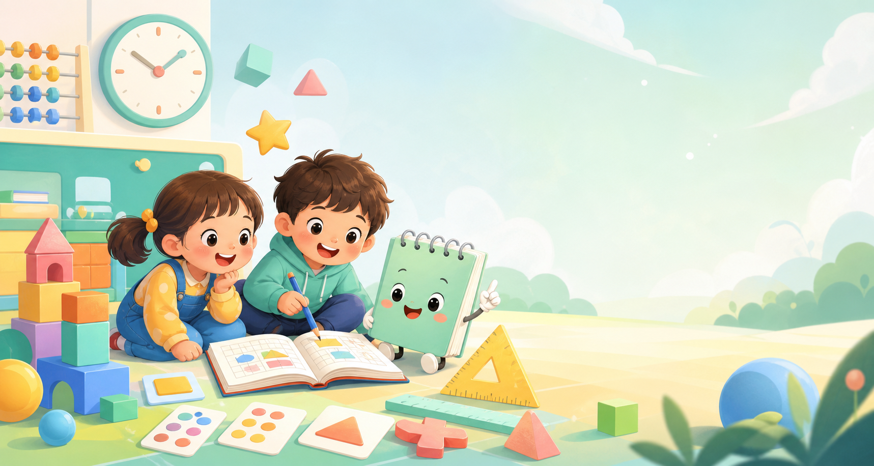 孩子们在明亮教室里学习数学的可爱插画